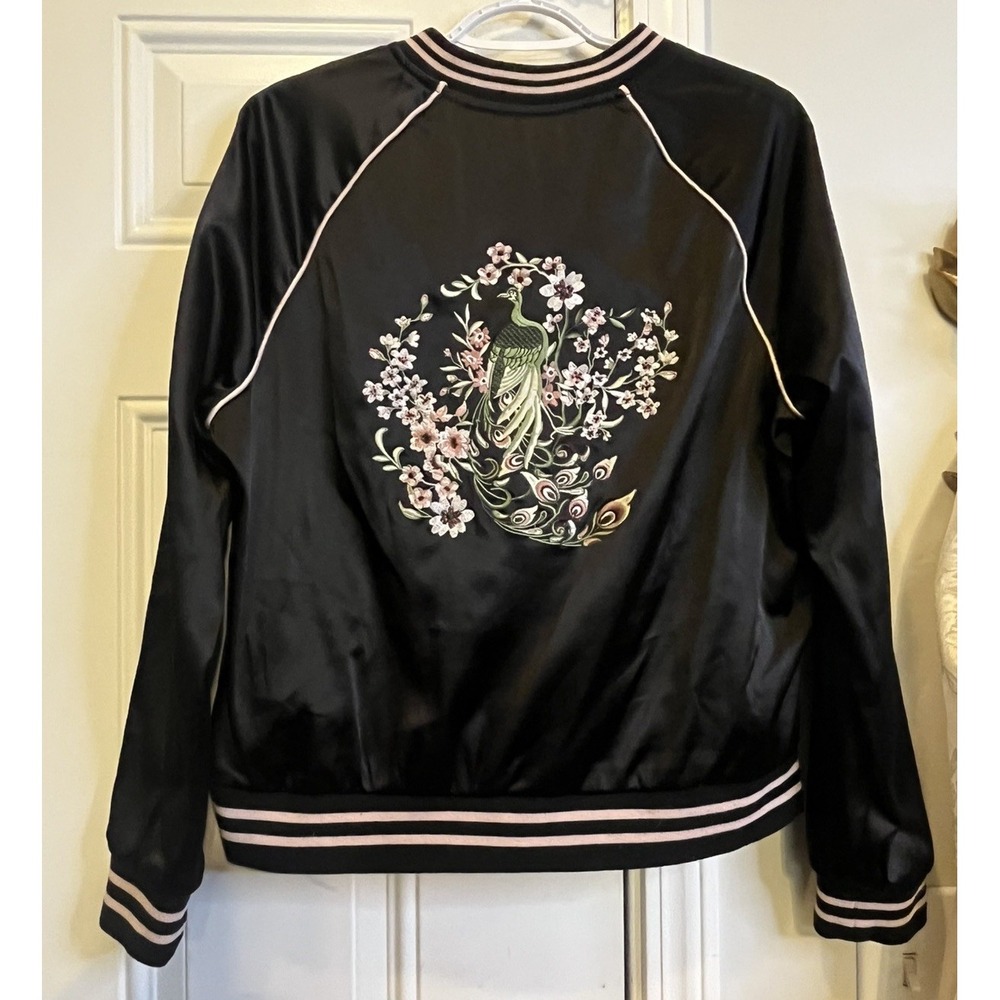 Black Satin Embroidered Peacock Cherry Blossom Bomber Jacket XL Ashley Coquette
